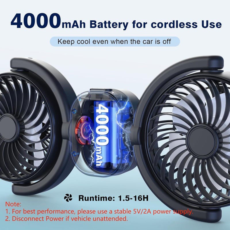 Hayousui Rechargeable Dual-Head Fan for Car: USB Cooling Backseat Fans for Baby with 360° Rotatable 3-Speed Separate Controlled 16H Runtime 5V 2A Auto Electric Air Ventilation Cooler For Vehicle SUV RV Trunk - Image 2